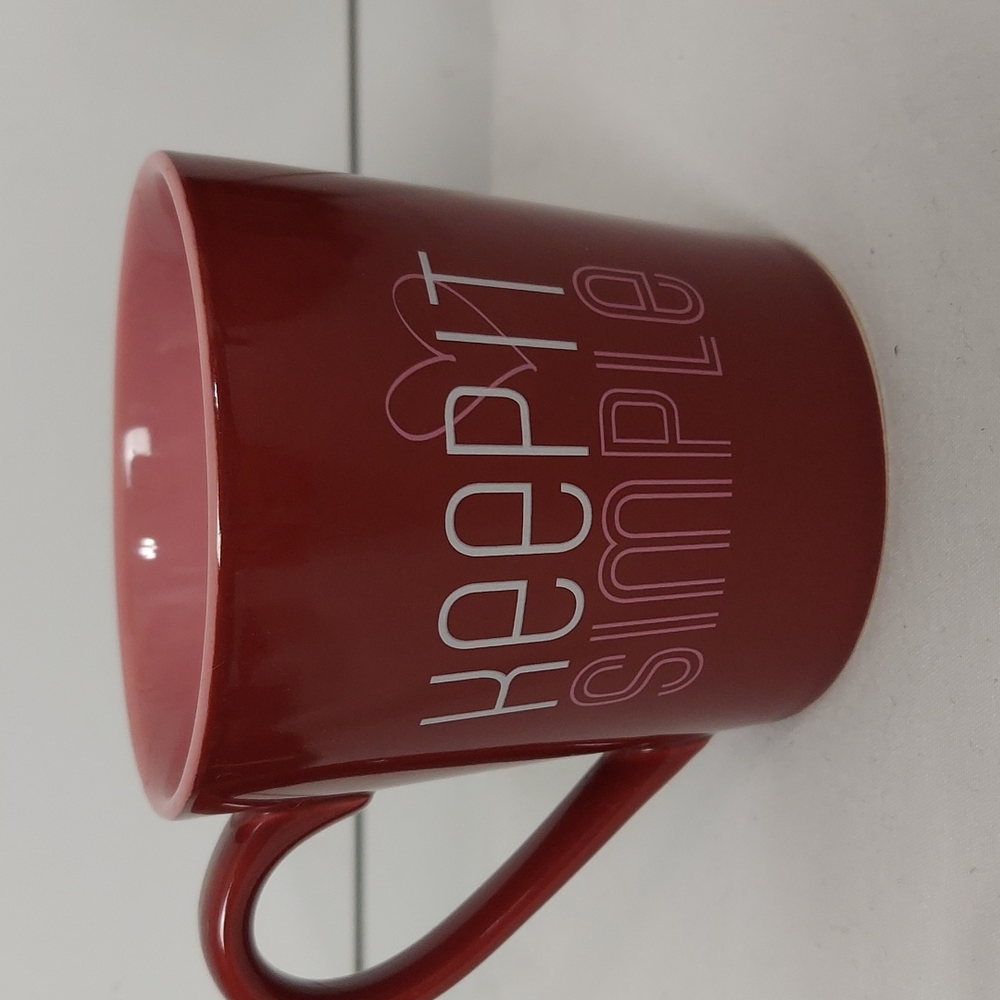 Life Is Good "Keep It Simple" mug in raspberry and pink, approx. 4" High x 5" W